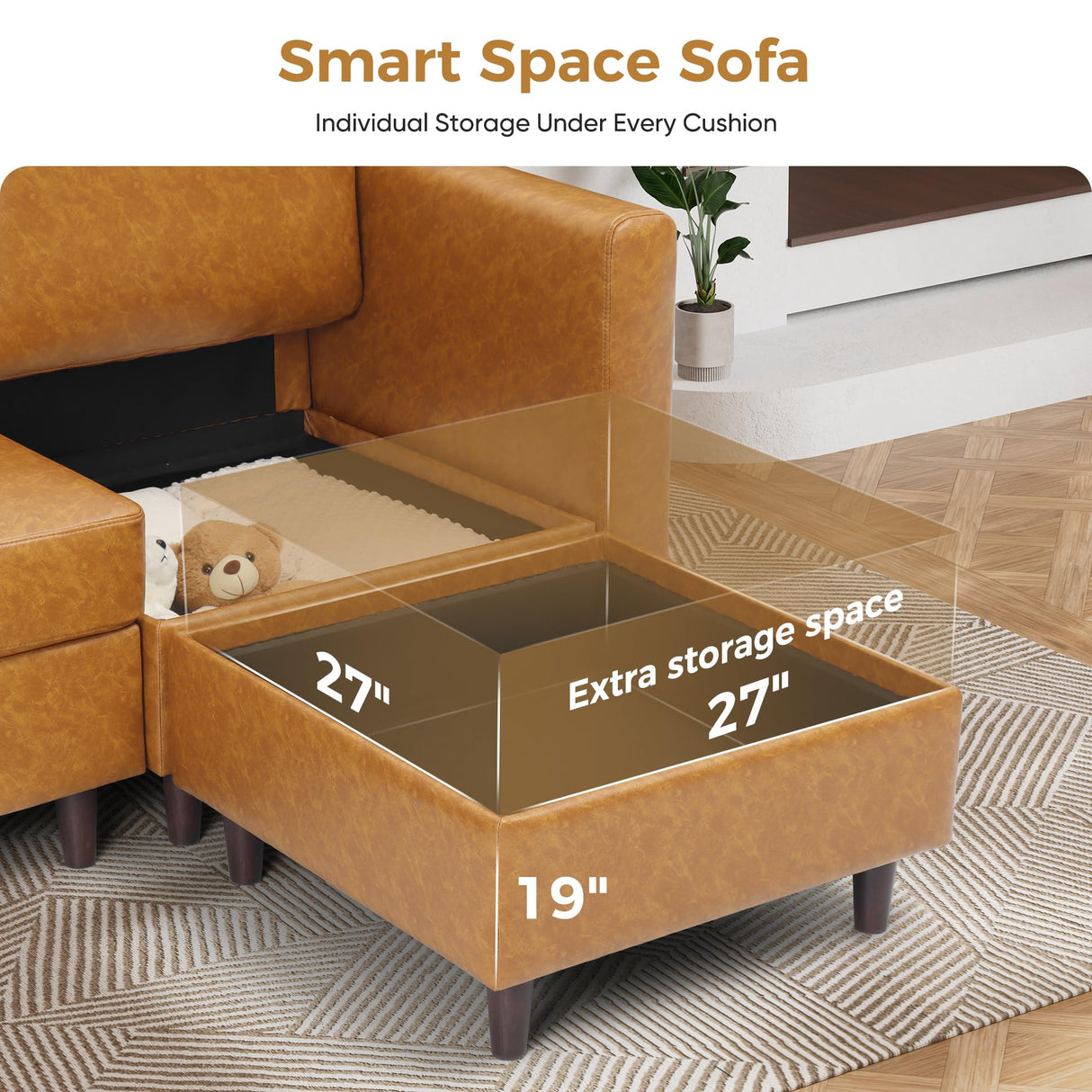 ABCASA Faux Leather Loveseat Sofa Sleeper Bed with Storage Seat, 64.6" Modular Sectional Couch Deep Seat with Reversible Chaise 2-Seat Brown ABCASA