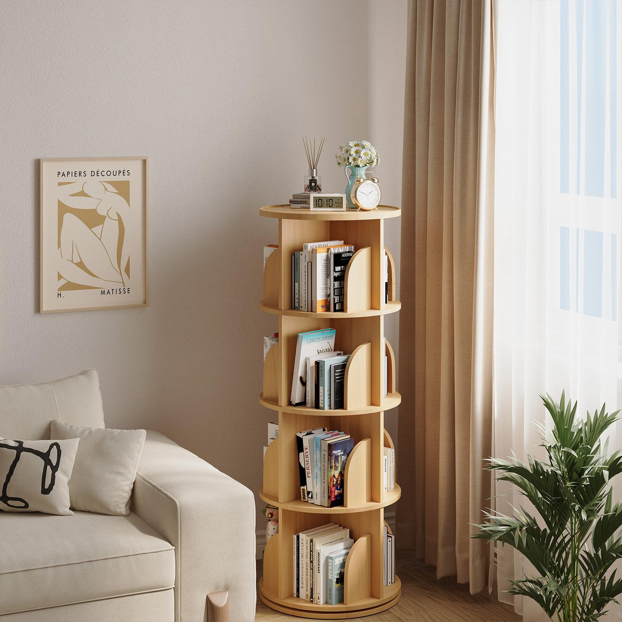 Rotating Bookshelf 360 Degrees,4 Tier Round Spinning Bookcase, Wood Book Shelf Tower for kids, Adults, Narrow Rolling Corner Bookshelf for Small Spaces, Bedroom, Classroom, Kids room, Natural YOUDENOVA