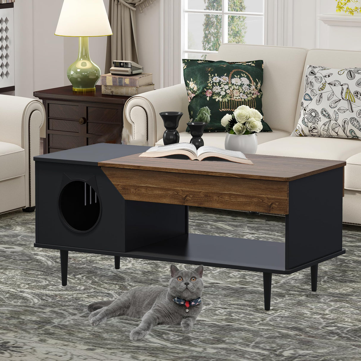 GarveeLife 45 in Black Coffee Table Cat Tables Living Room with Storage Drawer, Wooden Rustic Coffee Tables with Cat House, Hidden Kitty Food Table Litter Box Furniture Retro Color GarveeLife