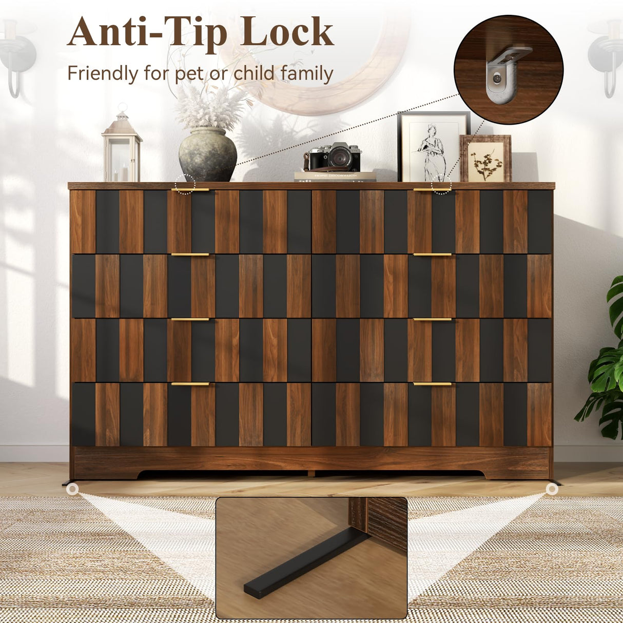 8 Drawer Dresser for Bedroom, Modern Double Dresser, 48" Wide Chest of Drawers with Anti-Tipping & Metal Handles, Mid Century Wooden Storage TV Stand, Closet Dresser for Living Room, Entryway, Walnut Loomie