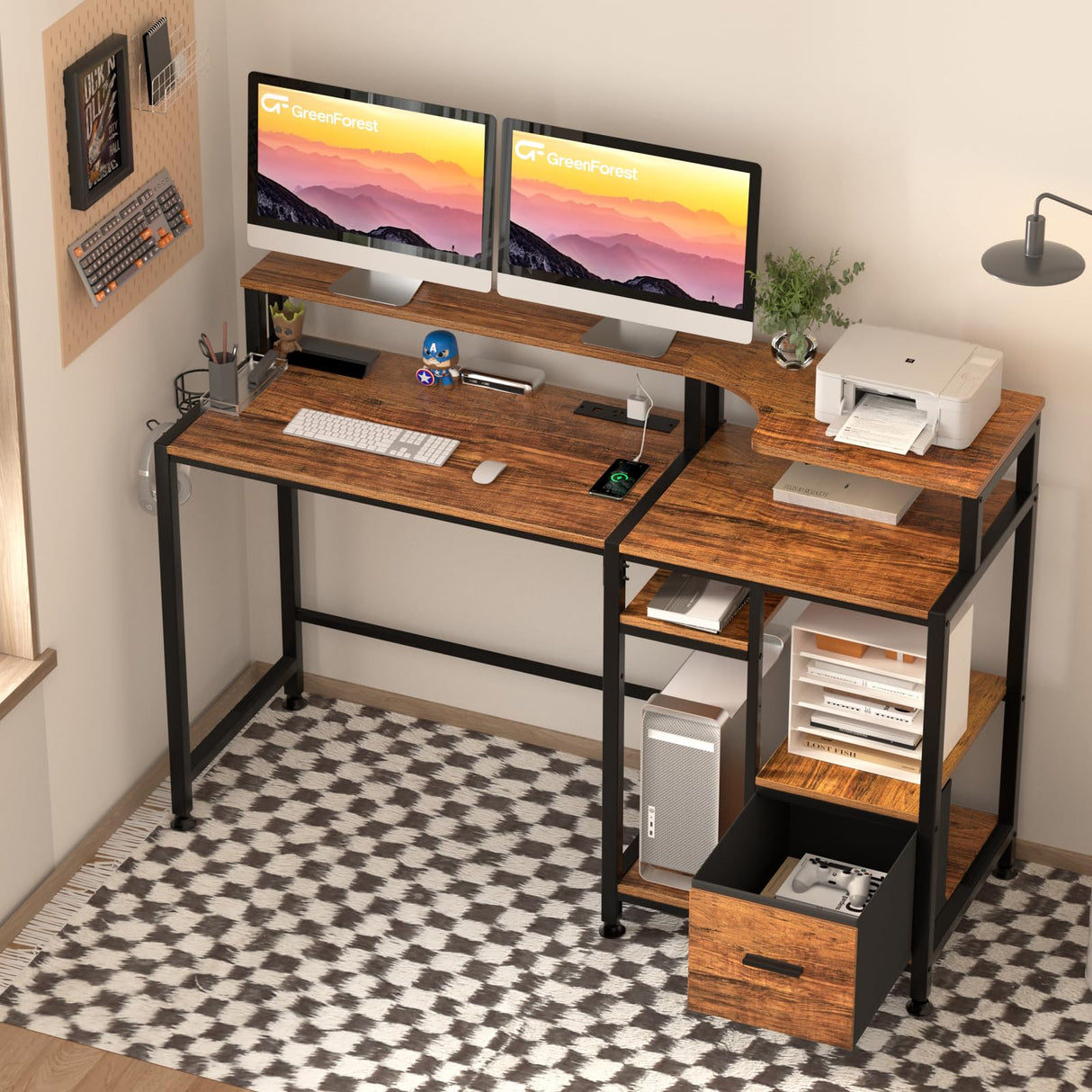 GreenForest Computer Desk with Drawers, Home Office Desk with Printer Shelf, 55 inches Desk with Storage, Writing Study Desk with Monitor Stand, Small Work Desk for Bedroom, Walnut GreenForest