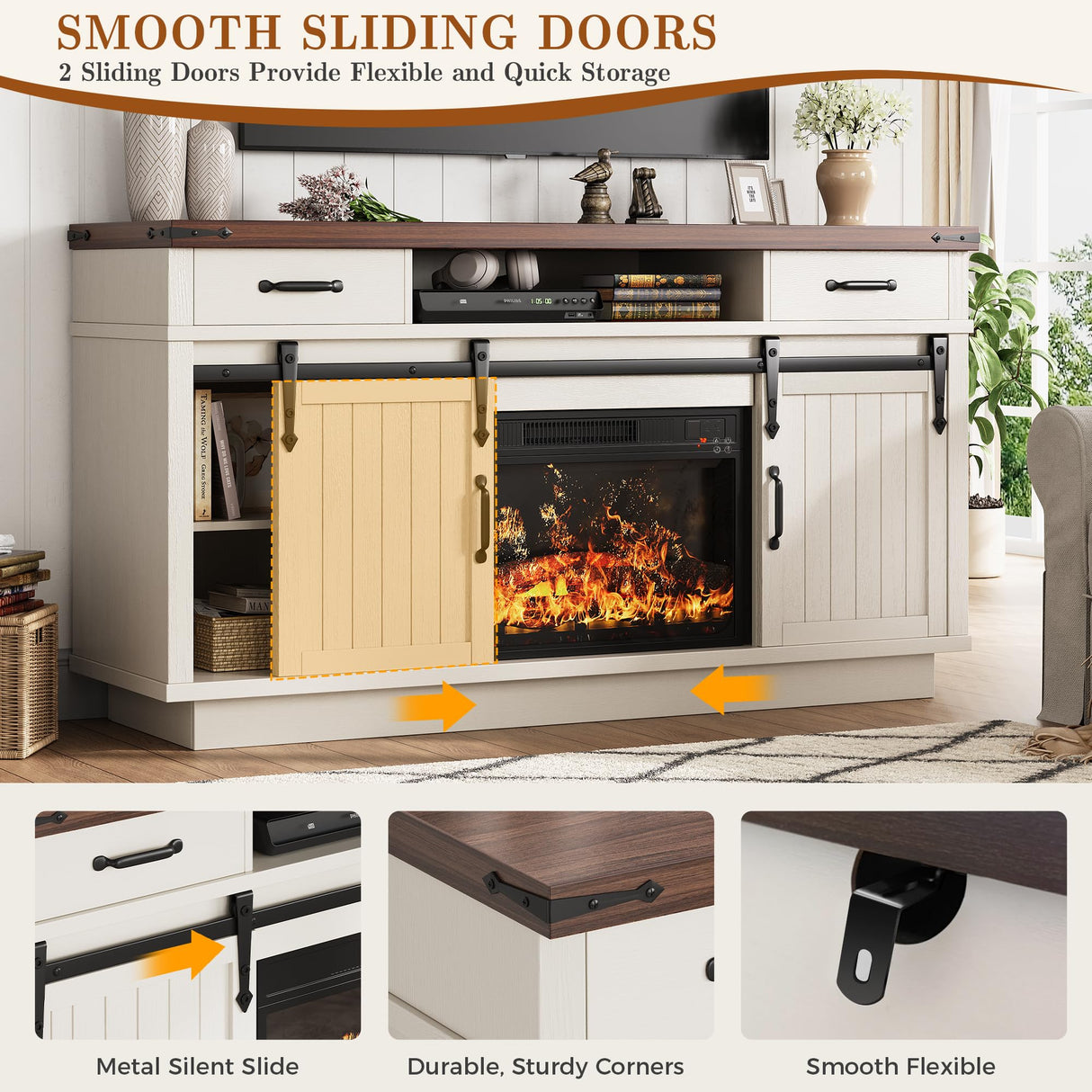 59'' Fireplace TV Stand with 3D Flame Electric Fireplace Heater, 34'' Tall Farmhouse TV Stand for 65 Inch TV, Entertainment Center TV Console with 2 Drawers, Sliding Barn Door for Living Room - White Jocoevol