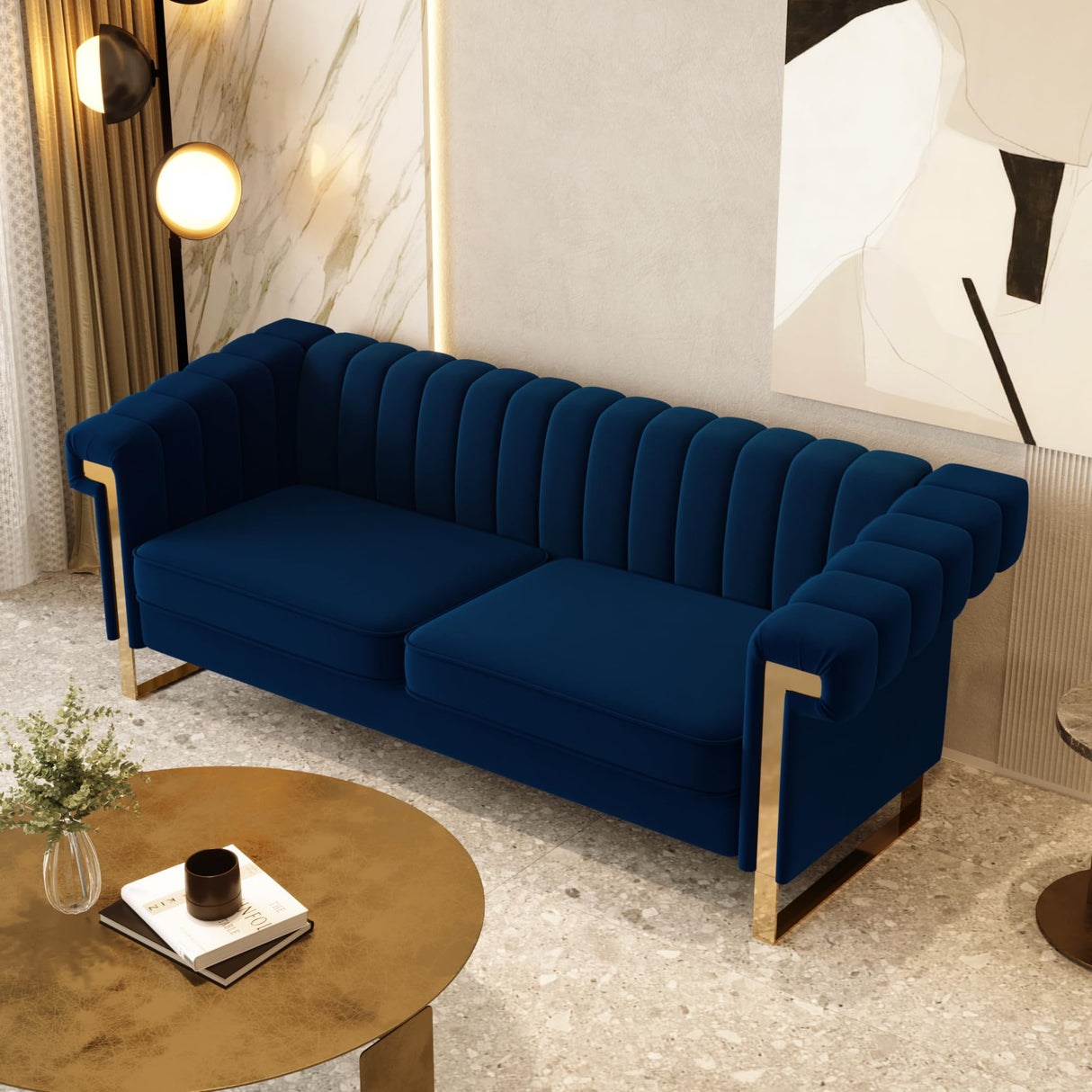 yunqishi Mid-Century Modern Blue Velvet Sofa with Gold Metal Legs, 83.86" Luxury Chesterfield Comfy Couches for Living Room (Velvet, Blue) yunqishi