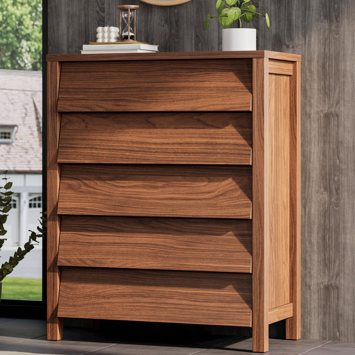 IRONCK 5 Drawer Dresser for Bedroom, Modern Chest of Drawers with Handleless Design, Wooden Tall Dresser Storage Cabinet Bedroom Furniture for Living Room, Hallway, Closet, Walnut IRONCK