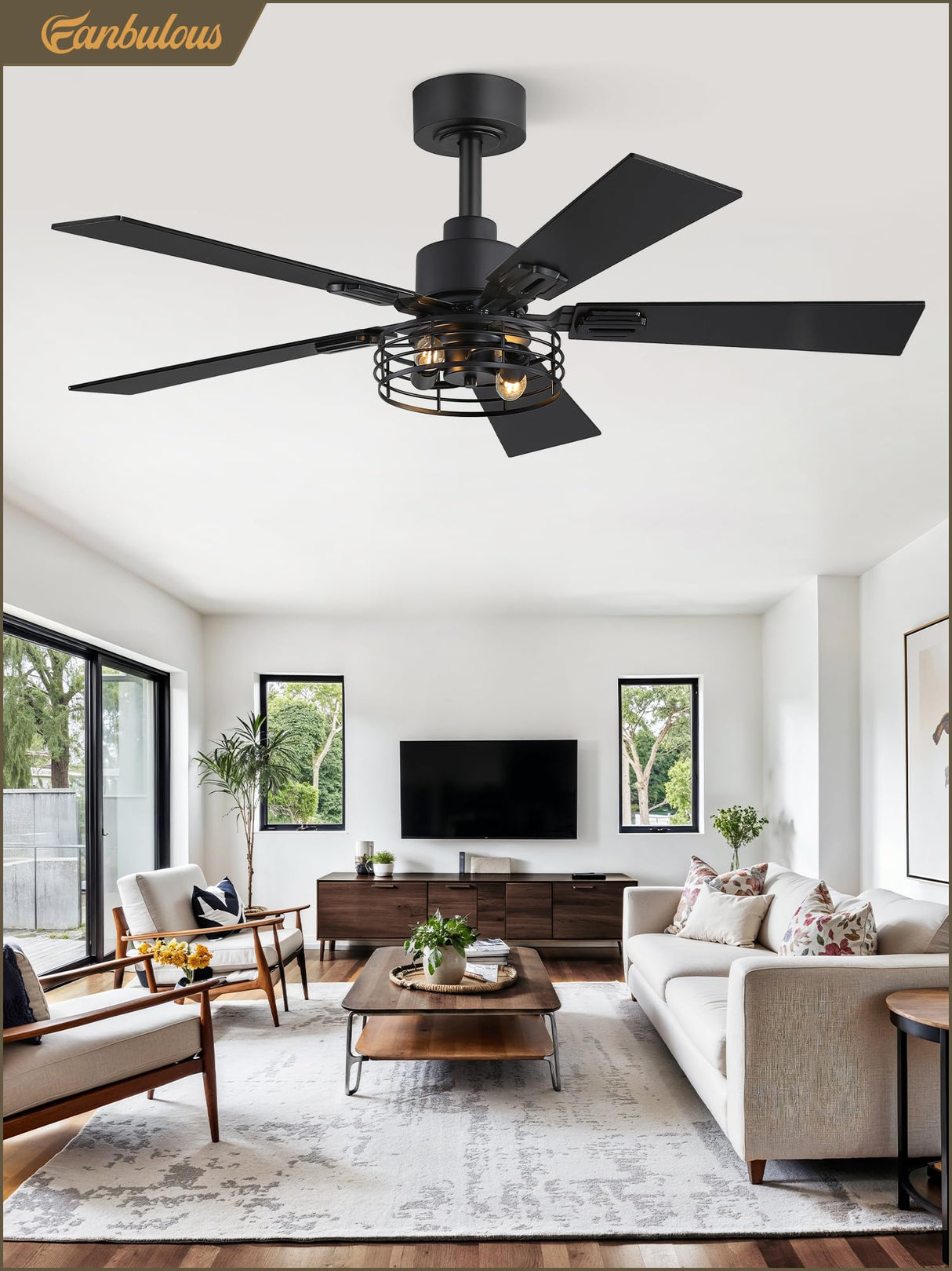 Fanbulous 2 Pack Farmhouse 42 Ceiling Fans with Lights, Black Industrial Caged Ceiling Fans for Bedroom Living Room, Double-Sided 5 Blades Rustic Ceiling Fan Fanbulous