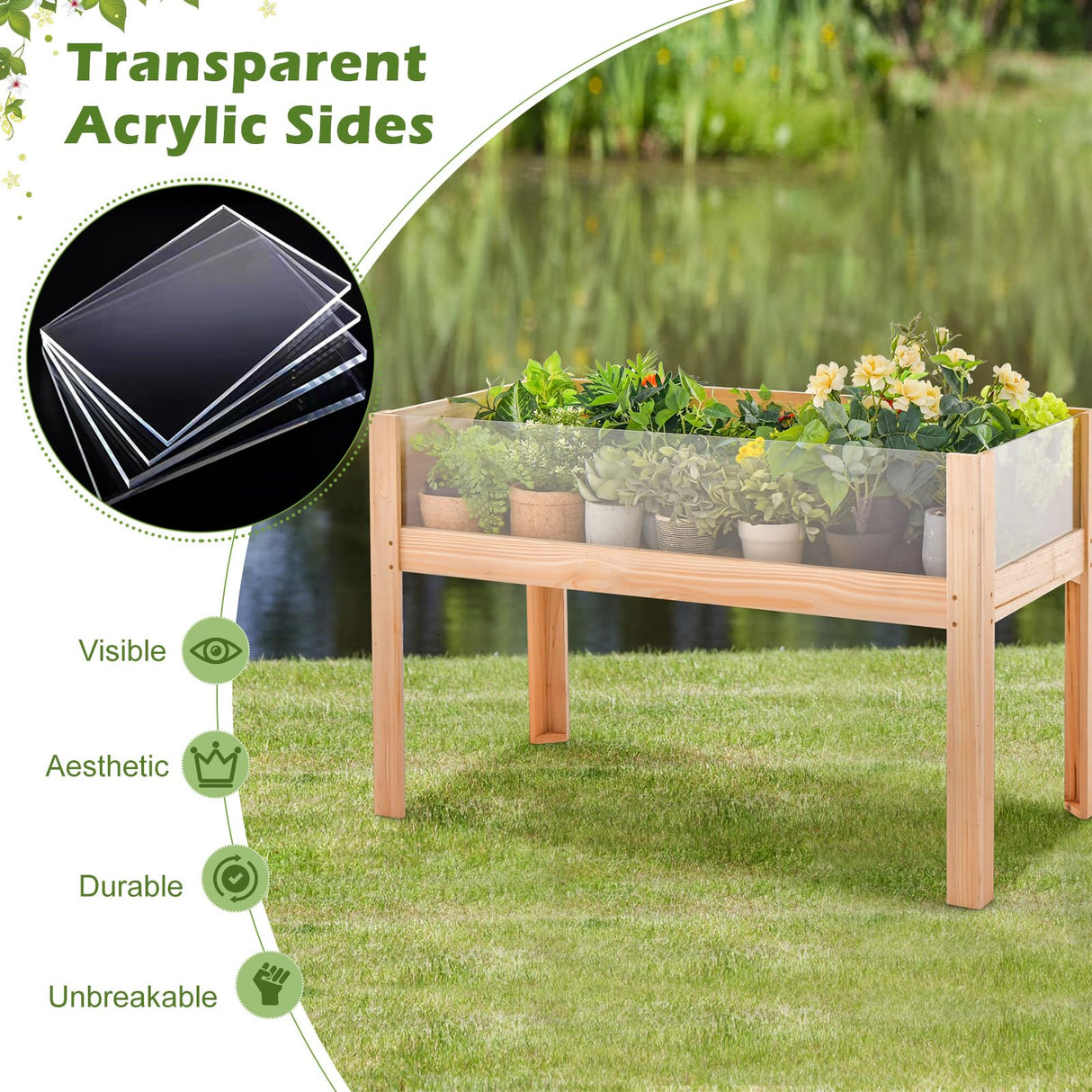 HAPPYGRILL Raised Wooden Garden Bed with Legs, 31” Elevated Planter Box with 2 Acrylic Panel Sides, Drain Holes, Movable Beds, Plant Terrarium with Stand for Vegetables, Fruits, Herbs, Flowers HAPPYGRILL