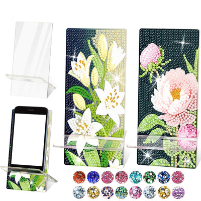 NUFTVI 2 Pack Diamond Painting Phone Holder Kits, 5D Full Crystal Diamond Art Phone Holder& Mirror Craft Kits Gift for Beginner/Adult (Lily and Peony)