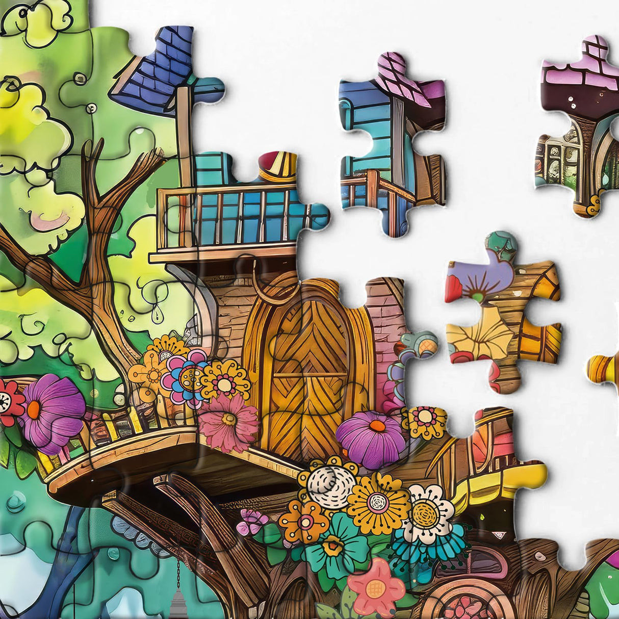 Magic Fantasy Treehouse Puzzles 1000 Piece for Adults, Nature Funny Tree Jigsaw Puzzle, Colorful Flower Plant Puzzle BBOLDIN