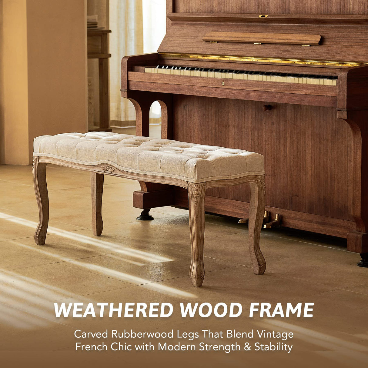 VONLUCE Vintage Bench with Padded Seat & Rubberwood Legs, 44" Memory Foam Upholstered Entryway Bench, Tufted Fabric End of Bed Bench for Bedroom and Living Room, French Style, Beige VONLUCE