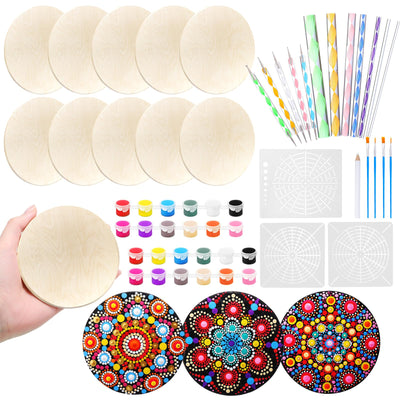 Potchen 10 Pcs Mandala Rock Painting Kit Mandala Dotting Tools Kit Wooden Rocks Dot Paint Stencils Tool Set for Adults Arts Drawing Home Decor Activity DIY Mothers Day Gift