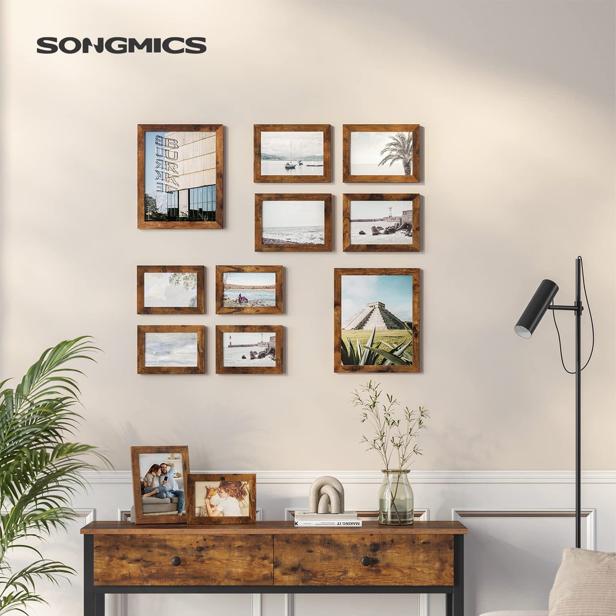 SONGMICS Picture Frames, Collage Picture Frames Set of 10, Two 8x10, Four 5x7, Four 4x6, Photo Frame for Wall Gallery Decor, Table Display, Glass, Rustic Brown SONGMICS