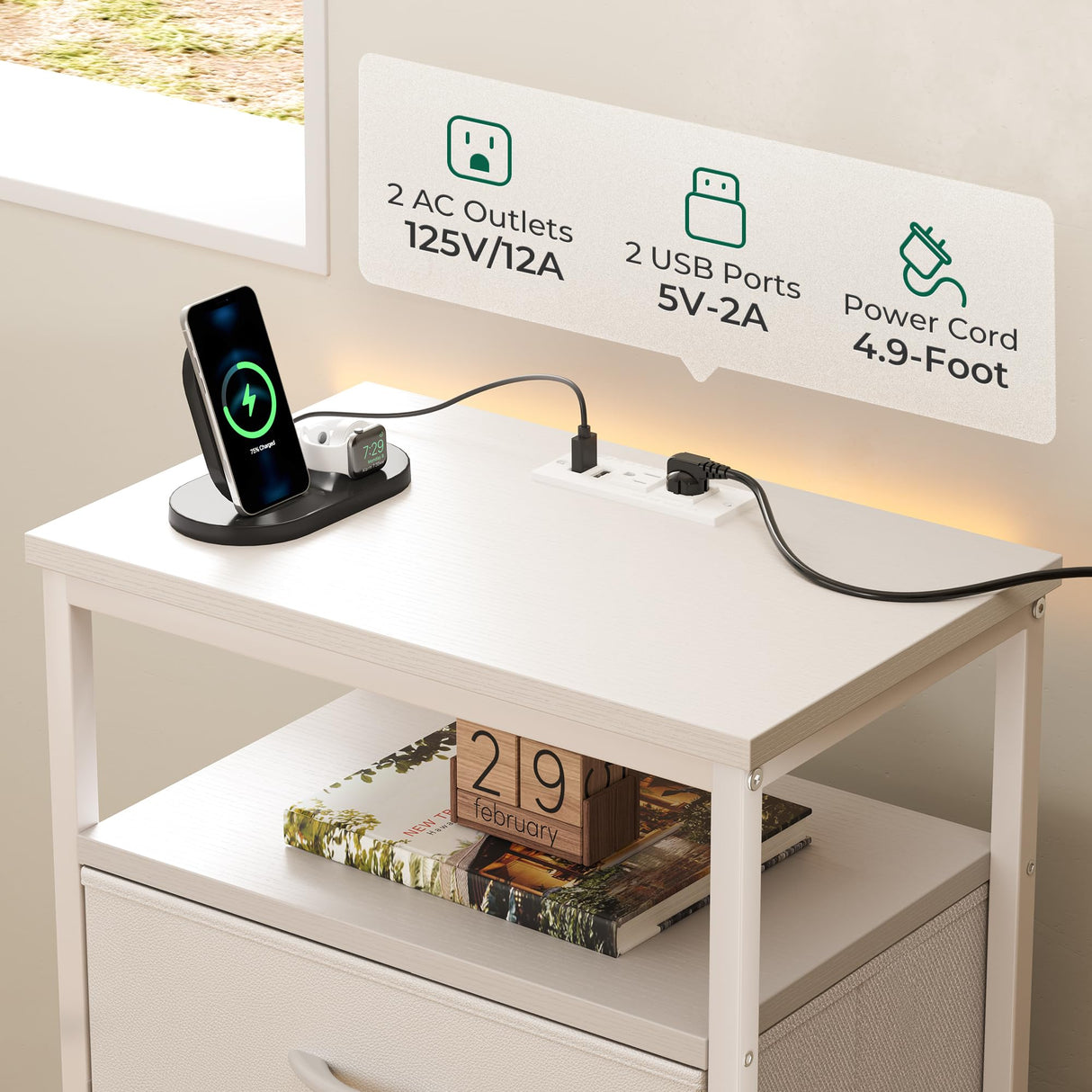 Huuger Nightstands Set of 2, End Tables with Charging Station, Side Tables with Fabric Drawers, Bedside Tables with USB Ports and Outlets, Night Stands for Bedroom, White Huuger