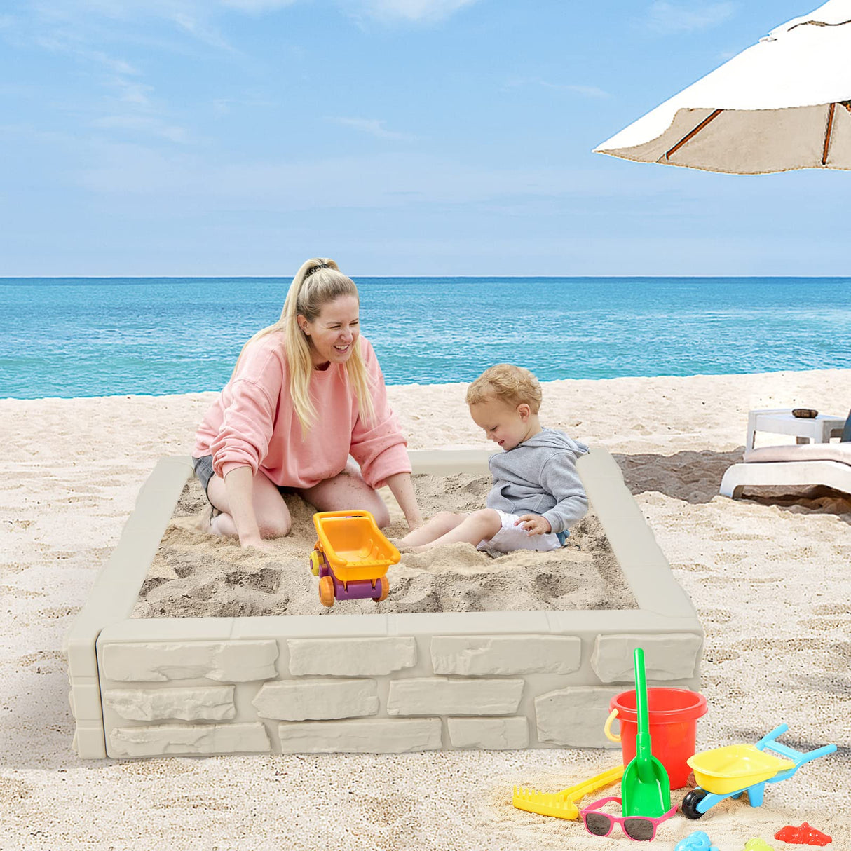 HONEY JOY Sandbox with Cover, 47x47 Inch Square Sand Pit for Backyard, Bottom Drainage Oxford Liner, HDPE Playful All Weather Resistant Sand Boxes for Kids Outdoor with Lid (White) HONEY JOY