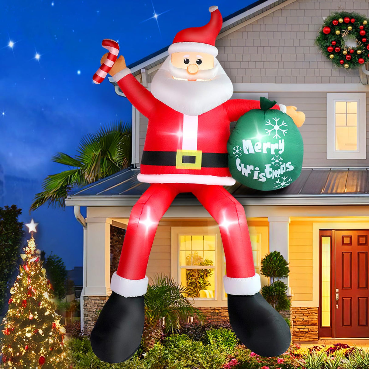 8FT Inflatable Sitting Santa Claus Christmas Outdoor Decorations, Blow Up Santa Claus with Gift Bag Sitting on Roof Wall Tree Chair, Xmas Outdoor/Indoor Decorations for Street House Patio Bench Shrubs FunFanso