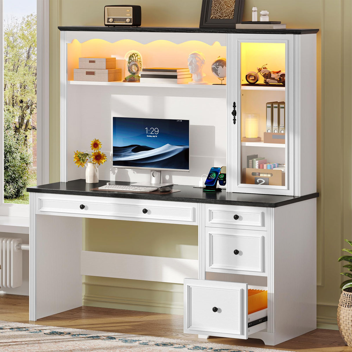 YITAHOME Executive Desk with Hutch and Drawers, Farmhouse Wood Computer Desk with Power Outlet & LED Lights, Home Office Desks with Storage Shelves, Storage Cabinet with Glass Door, White & Black YITAHOME