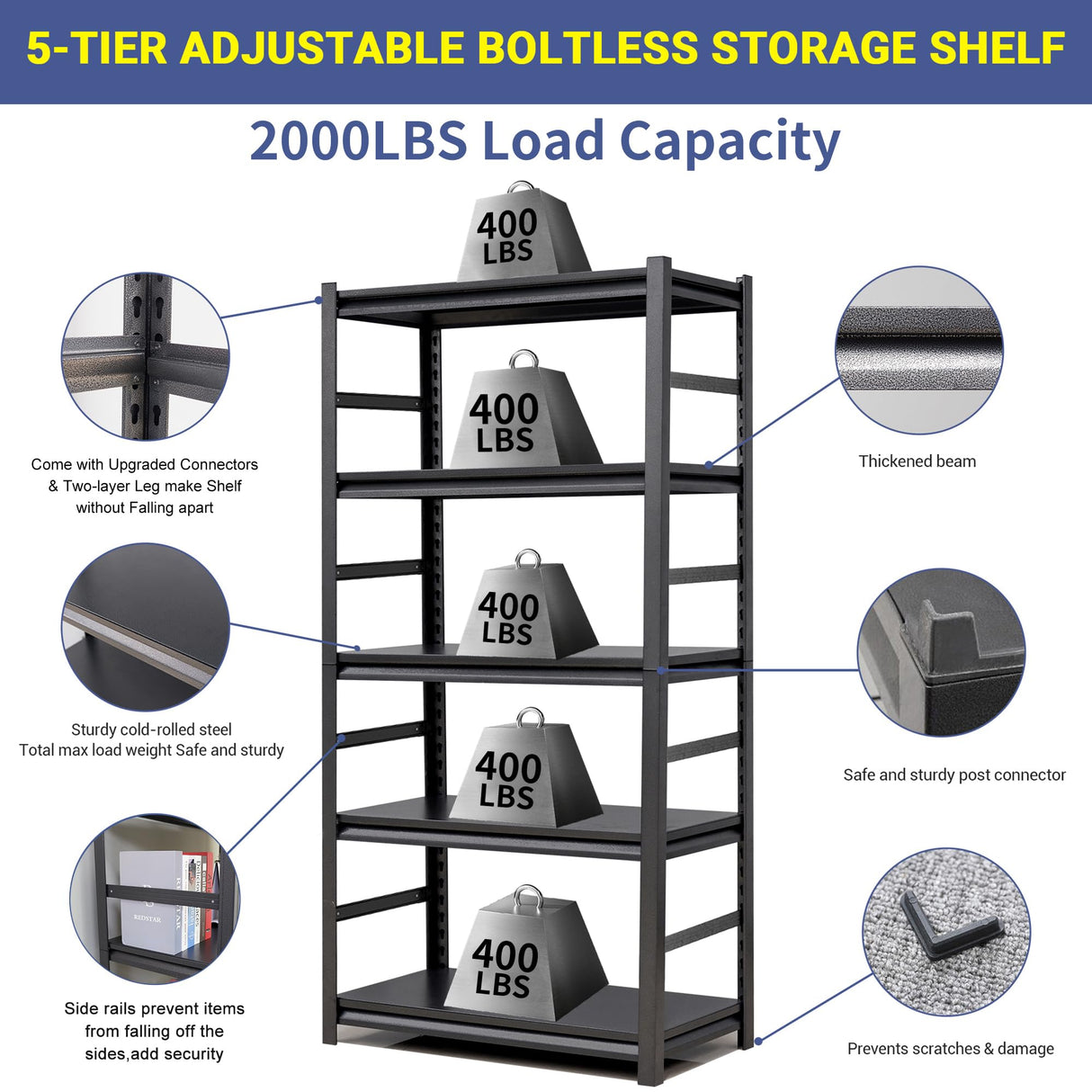 TOPKEY 5-Tier Utility Shelves Garage Storage Shelves, Heavy Duty Metal Storage Shelf for Garage, Kitchen, Warehouse, Adjustable Basement Storage Rack, Load 2000LBS, 63" H x 31.5" W x 15.8" D TOPKEY
