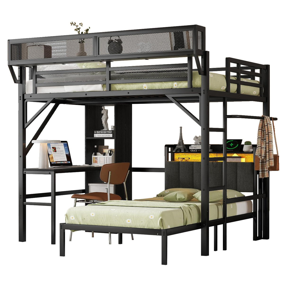 Mirightone Full Over Twin Bunk Bed with Desk & Charging Station, Full Size Loft Bed with Shelf Over Twin Bed w/LED Light & Upholstered Headboard, Detachable Metal Bunk Frame w/Storage Bookcase, Black Mirightone