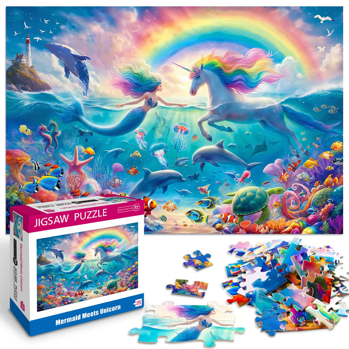100 Piece Puzzles for Kids Ages 6-8 8-10 Mermaid Unicorn Puzzle for Girls 4-6 Years Old 100 Piece Jigsaw Puzzle for Adults Toddler Children Learning Educational Puzzles Toys Gifts for Girls Boys Yokachi