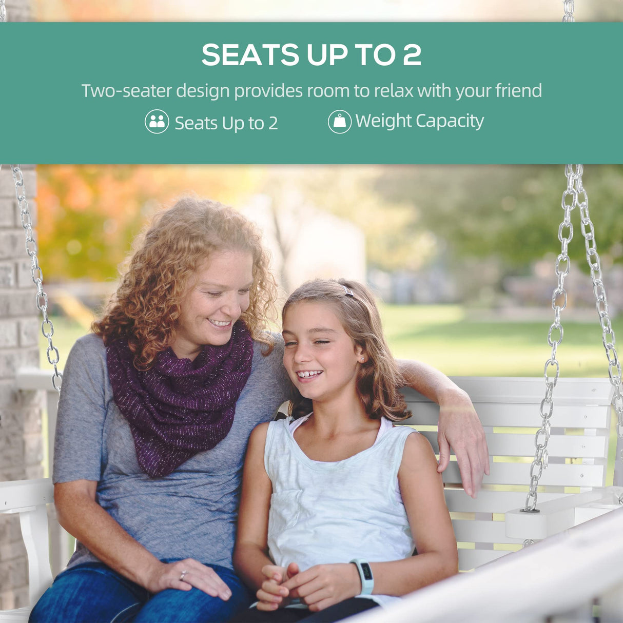 Outsunny Porch Swing with Chains and Cupholders, 2 Person Wooden Patio Swing Chair, 440 lbs. Weight Capacity, for Garden, Poolside, Backyard, White Outsunny