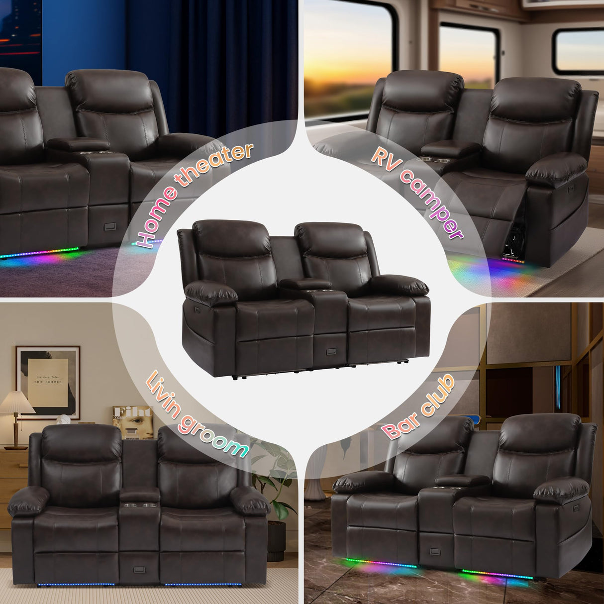 LURVIA 70" Power Recliner Loveseat for RV, Living Room Home Theater,Built-in LED Lighting with Multiple Modes,Wall Hugger, Oversized Leather Loveseat Couch for Camper, Trailer, Apartment,150° Recline LURVIA