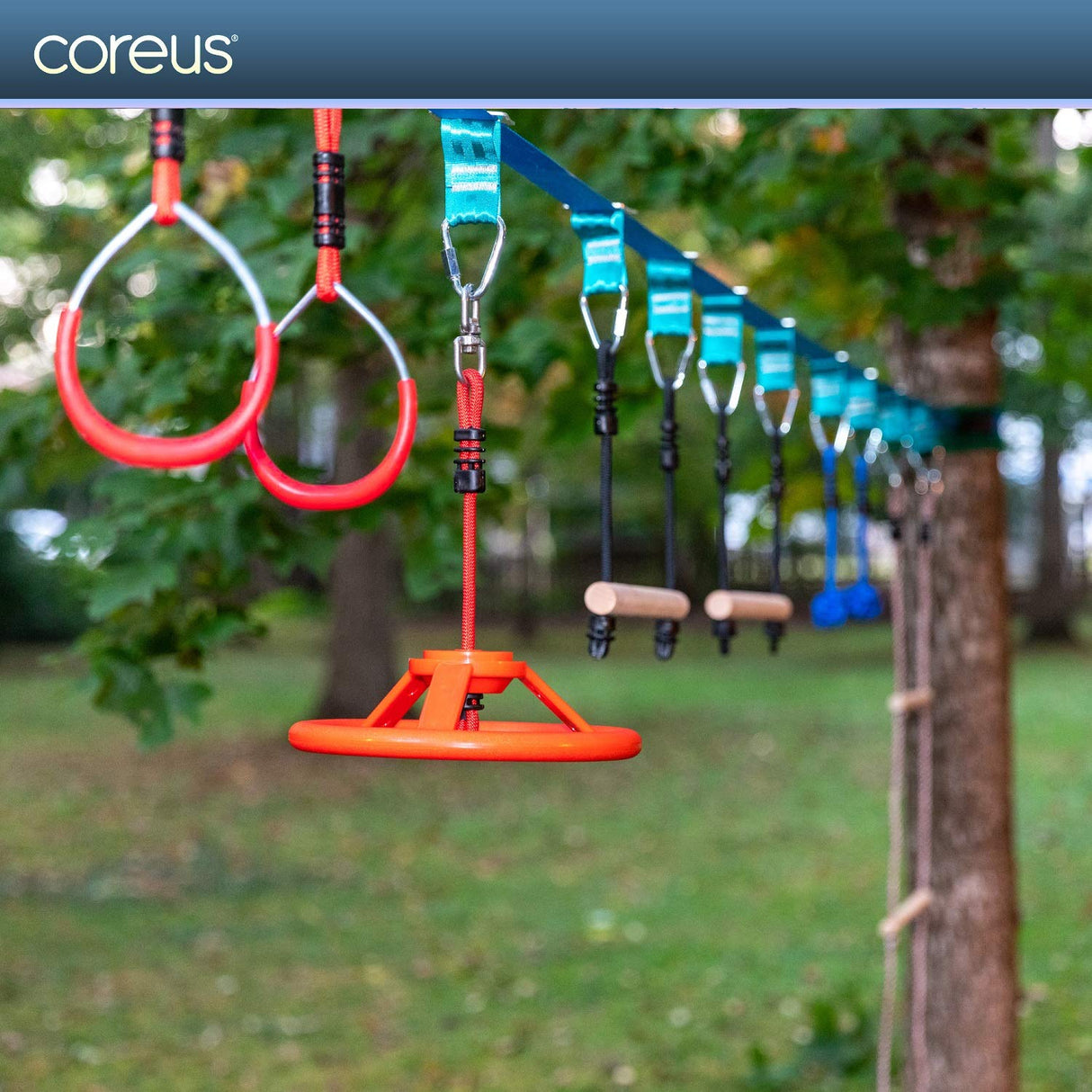 Ninja Kids Hanging Obstacle Course with Swivel Slackline Spinner Wheel Red coreus