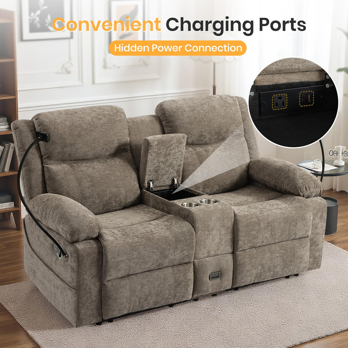 RIHEREFY Loveseat Recliner Sofa, Reclining Loveseat with Console, RV Wall Hugger Double Loveseat Recliner Couch for Living Room & Home Theater (Chenille-Camel) RIHEREFY