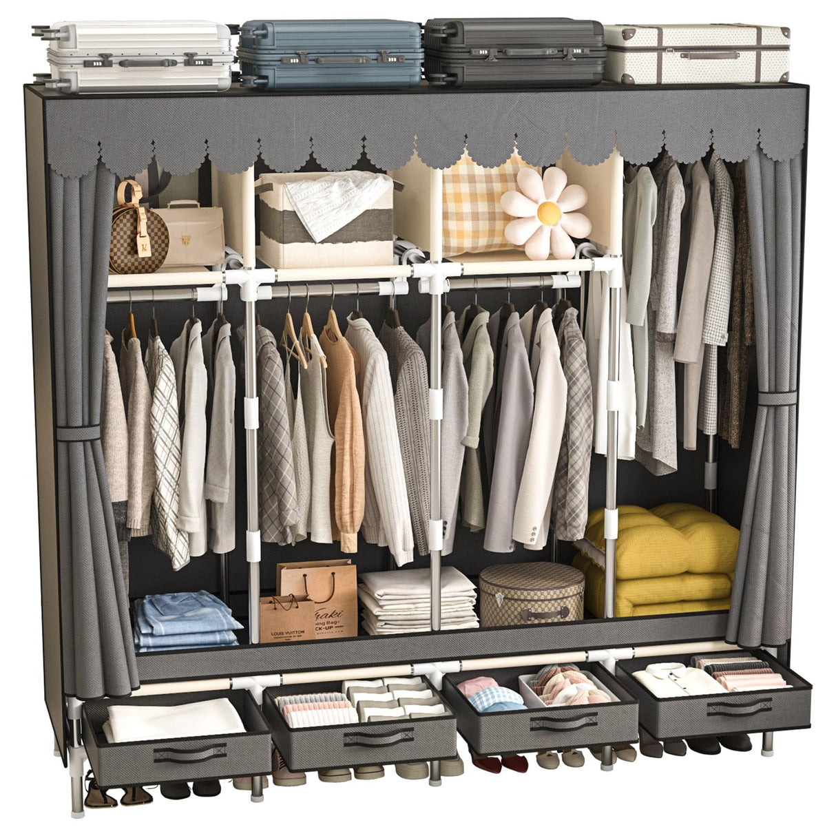LEAIJIAFY Large Portable Armoire Wardrobe Closet with 4 Hanging Rods and Drawers,Gray Metal Storage Wardrobe Clothes Rack with Dust Cover for Hanging Clothes,67.7 in Width,Bedroom LEAIJIAFY