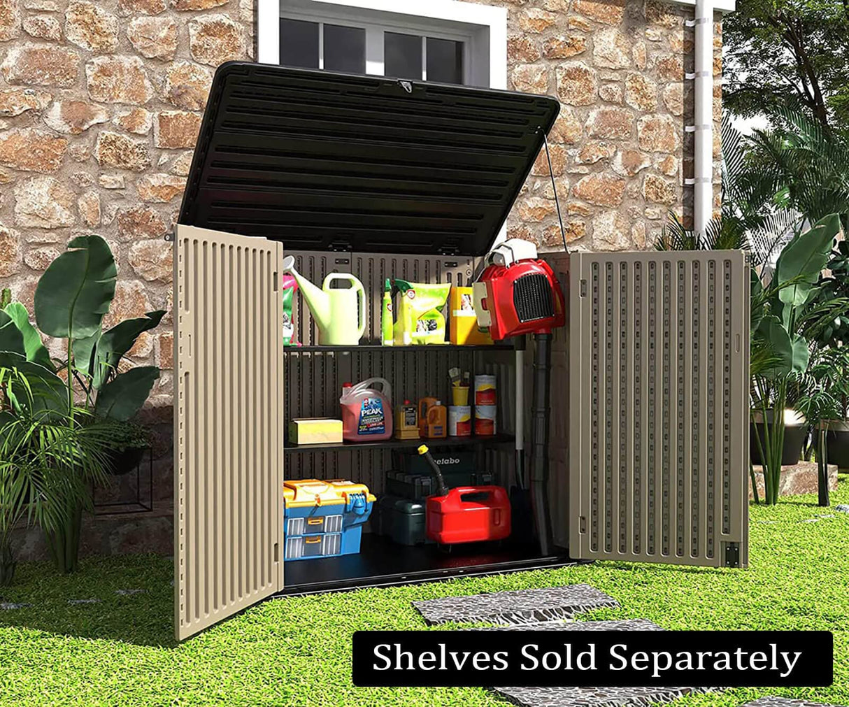 HOMSPARK Storage Shed Weather Resistance, Multi-Purpose Outdoor Storage Cabinet for Backyards and Patios, Horizontal Storage Shed for Lawnmower, Patio Accessories (Coffee, X Large - 48 cu.ft) HOMSPARK