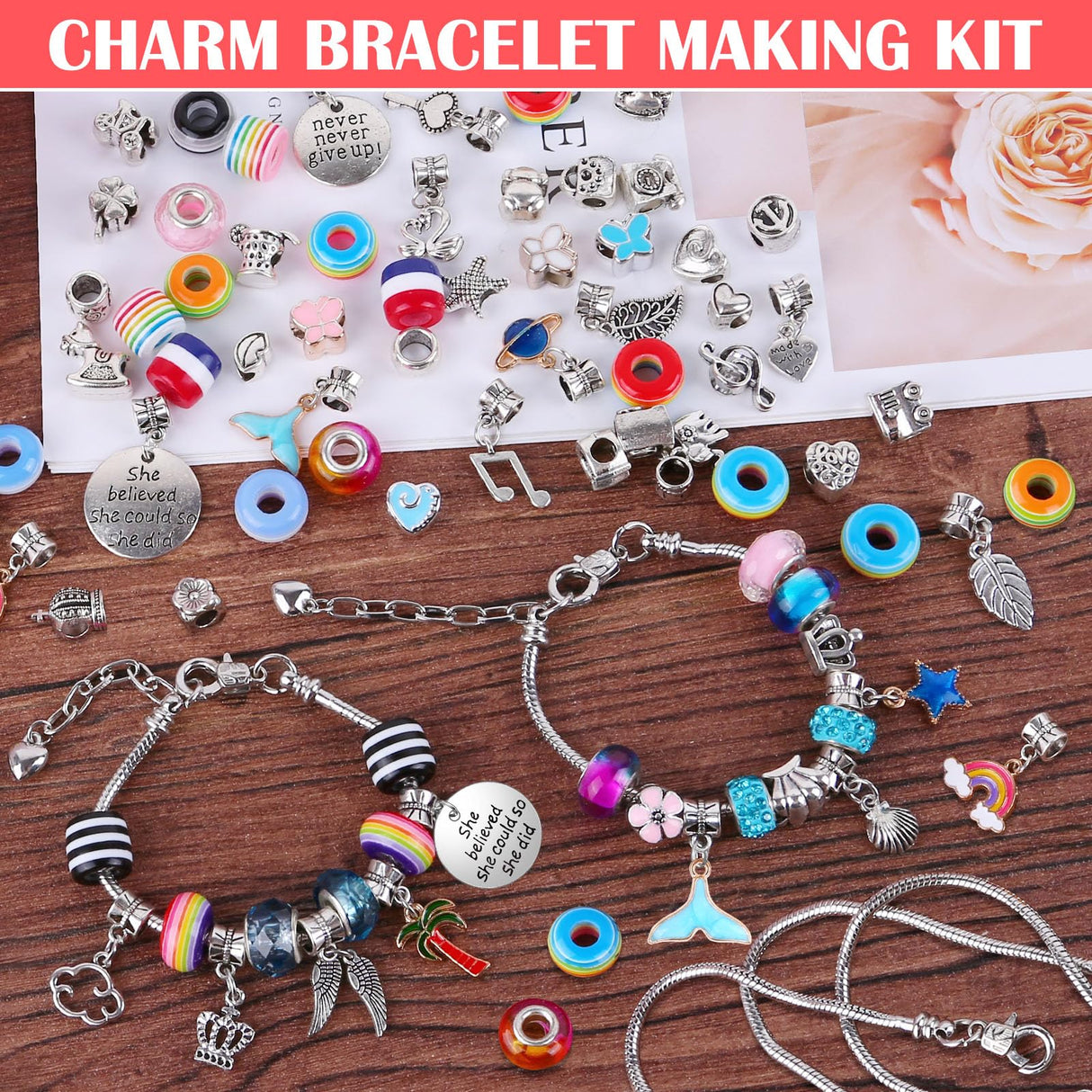 Acejoz 85 Pcs Charm Bracelet Making Kit, DIY Charm Bracelets Beads for Adults and Beginner Jewelry Making Kit Acejoz