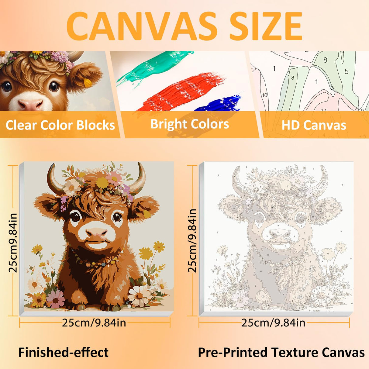 Mandun Paint by Numbers Kit for Kids with Frame, Cow Paint by Numbers for Kids Ages 4-8-12, DIY Cow Acrylic Oil Painting for Home Wall Art Decor Gift 9.8x9.8 inch (with Frame Easel) Mandun