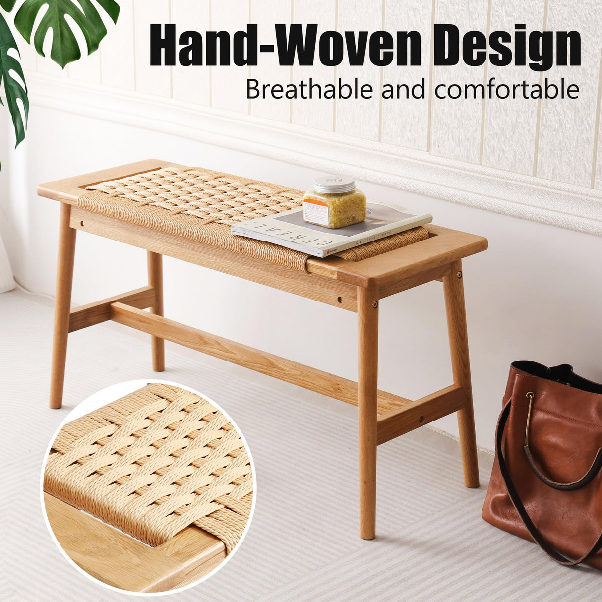 33.5" L Wood Dining Bench Indoor, 100% Natural Solid Oak Bed Bench Hand Woven Enterway Bench Small Bench for Dining Room, Bedroom, Kitchen (Natural) OGMILL