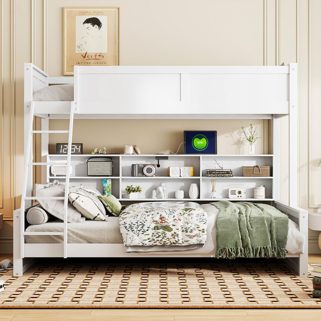 RuiSiSi Twin XL Over Queen Bunk Bed with Storage, Solid Wood Bunk Bed with Storage Cabinets and USB Ports for Kids Teens Adults, Safety Guardrail, No Box Spring Needed, Antique White RuiSiSi