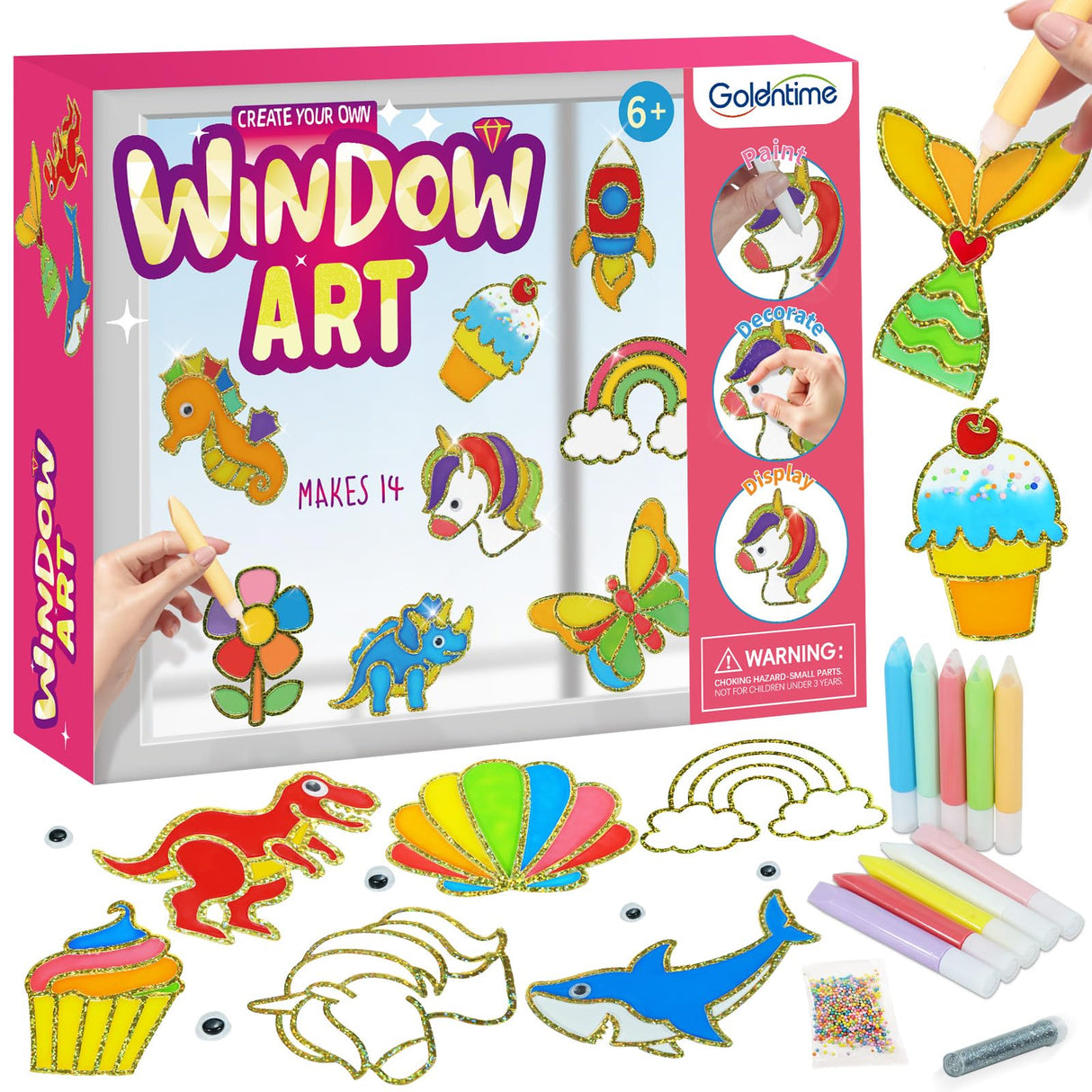 goldentime Create Your Own Fun Window Art Kit for Kids Ages 6+ Including 14 DIY Suncatchers with 10 Window Paints, Glitter & Googly Eyes âPerfect Kids Window Painting Craft Kit for DIY Window Art goldentime
