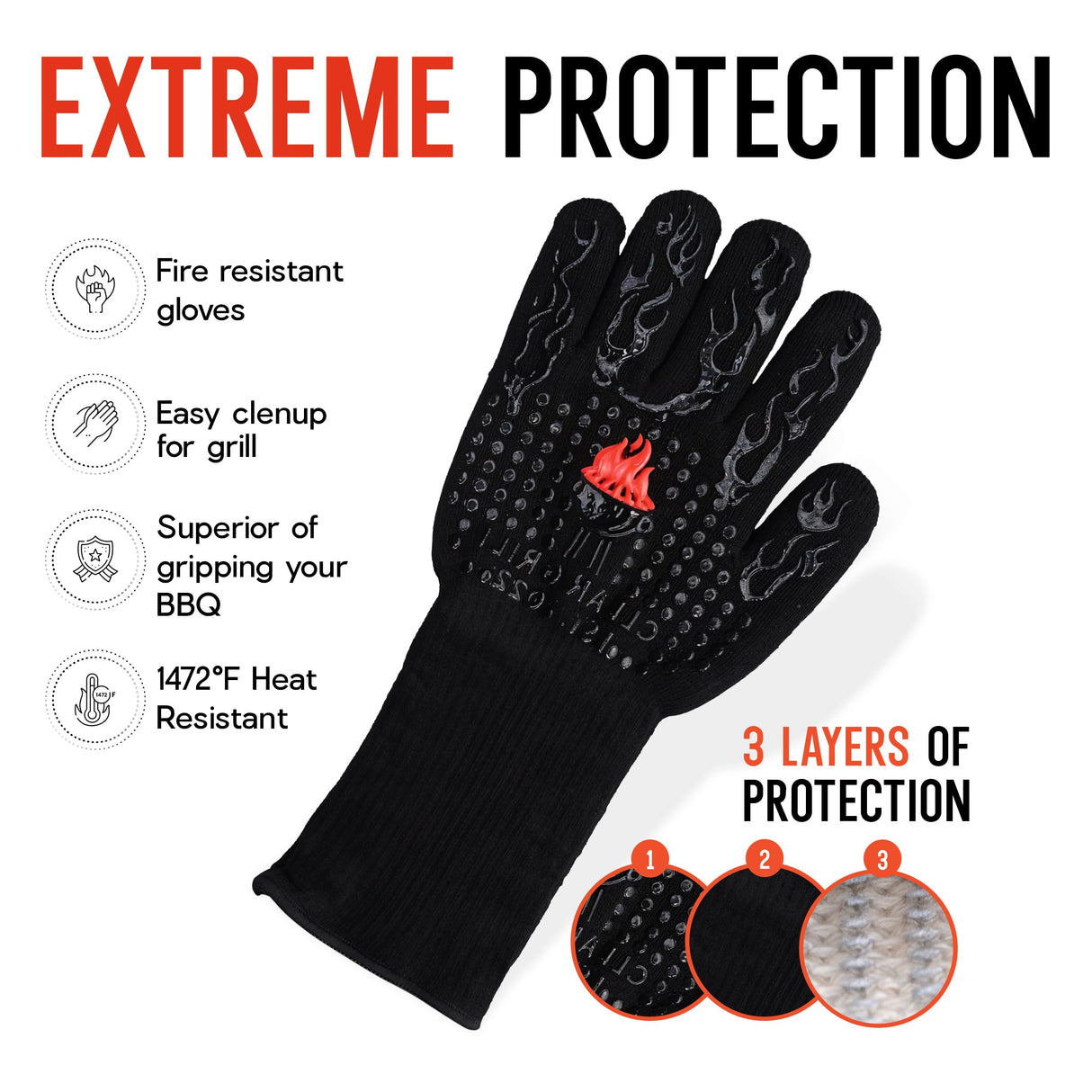 Clean Grill 1472°F Heat Resistant BBQ Gloves | Fire Resistant Silicone & Aramid Fiber for Cooking, Baking, Grilling | Extra Safety, Comfort, Non-Slip Grip, Durable, Flexible, Touchscreen Compatible CLEAN GRILL EST. 2022
