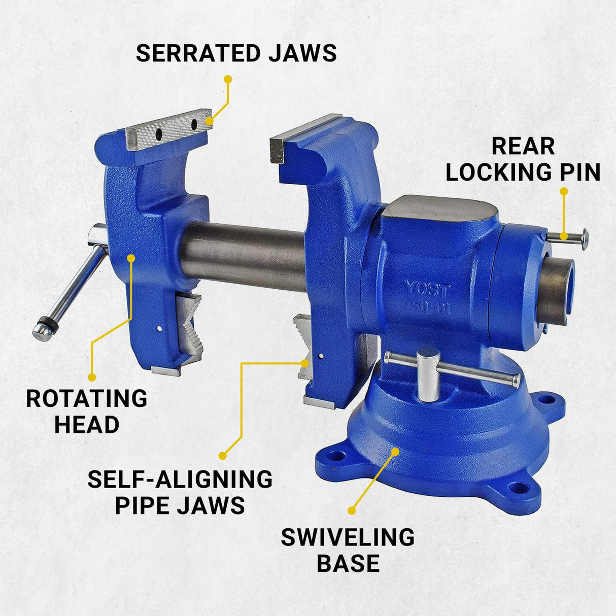 Yost Vises 750-DI Multi-Jaw Rotating Vise System | 2 in 1 Multipurpose Bench and Pipe Vise | Secure Grip with Swivel Base | Made with a Combination of Ductile Iron & Hardened Steel | Large, Blue Yost Tools
