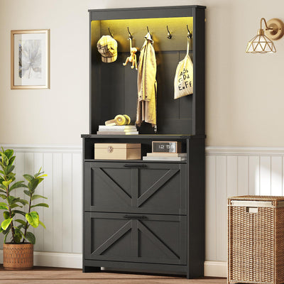 Farmhouse Shoe Storage Cabinet with 2 Flip Drawers & Coat Rack, LED Light, Hall Tree with Hidden Shoe Cabinet, Freestanding Shoes Organizer Cabinet for Entryway, Hallway, and Living Room, Black