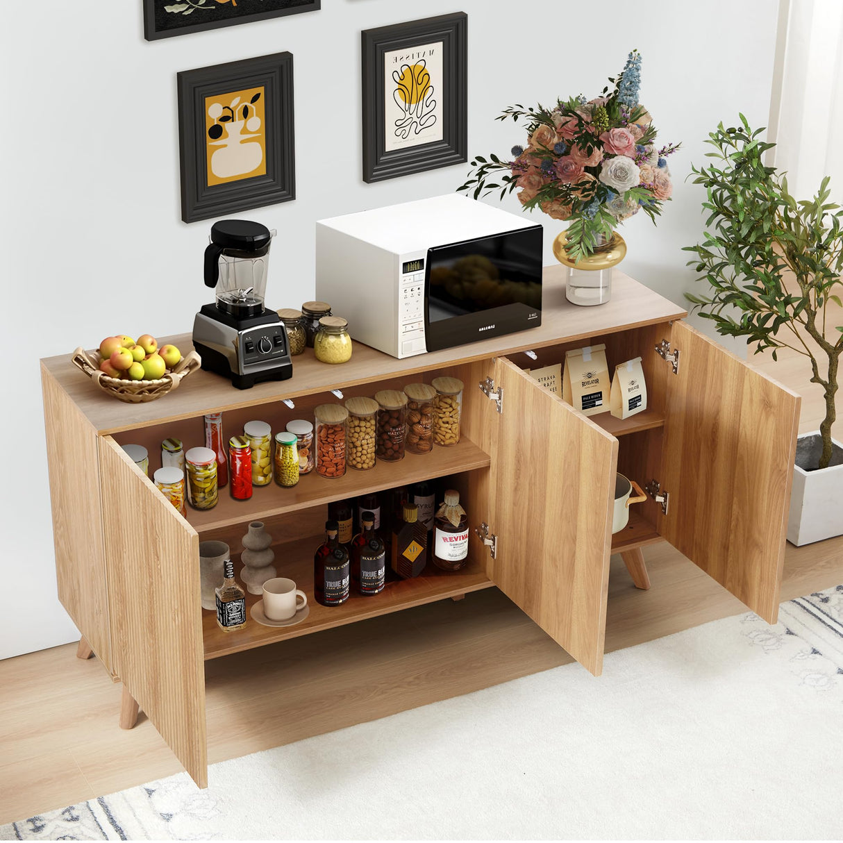 Fluted Sideboard Buffet Cabinet with Storage, Modern Storage Cabinet with 3 Doors, Wood Credenza Buffet Sideboards, Bar Cabinets Console Table for Kitchen Dining Living Room Entryway (Natural) XUZENEST