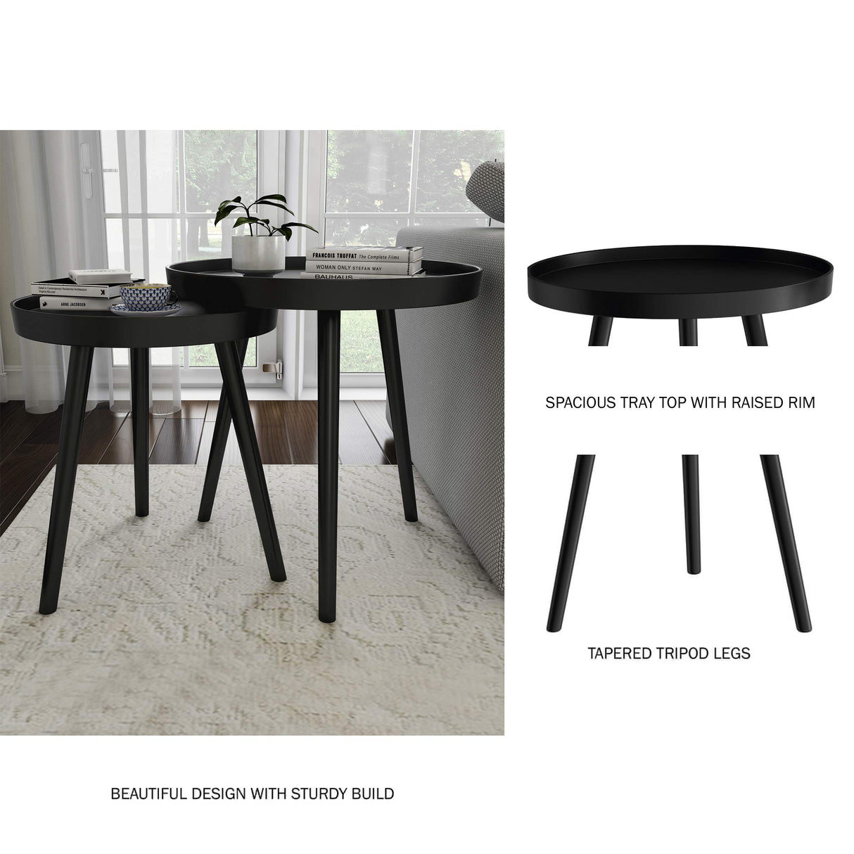 Nesting Side Tables - Set of 2 Round End Tables for Living Room, Bedroom, or Home Office - Accent Table Set with Tray Tops - Mid-Century Modern Living Room Furniture by Lavish Home (Black) Lavish Home