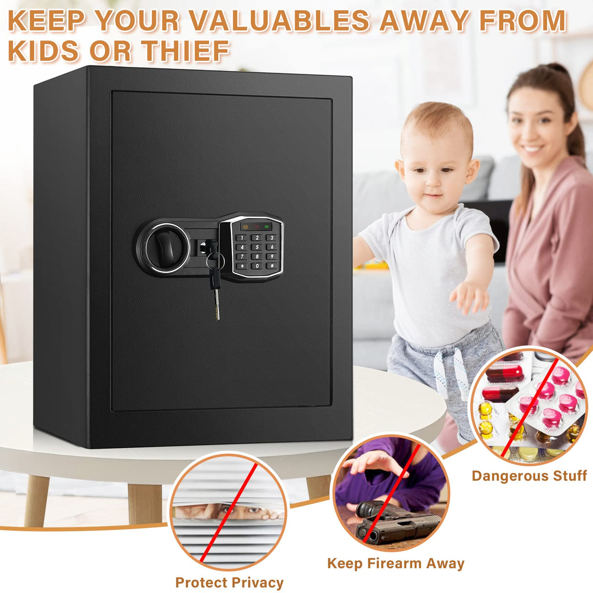 3.3 Cub Home Safe Fireproof Waterproof, Large Fire proof Safe Box with Fireproof Bag, Digital Keypad Key and Removable Shelf, Personal Security Safes for Home Money Jewellery Documents Valuables Pockrif