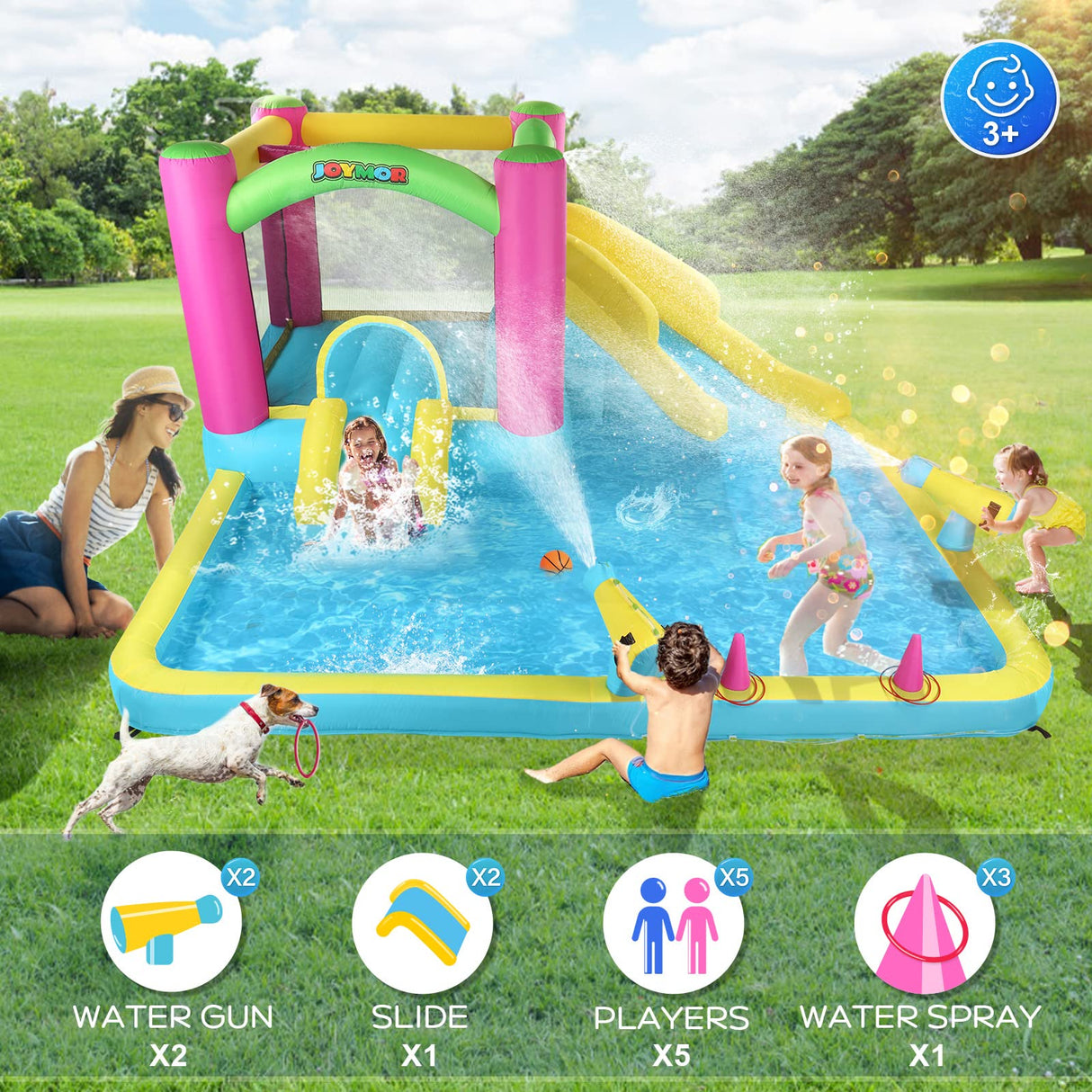 JOYMOR Inflatable Bounce House with Double Water Slide for Kids Toddler Age 3-10, Splash Pool Water Cannons, Ring-Toss Games for Outdoor Backyard Fun Water Toys, Indoor Bouncy Castle with Air Blower JOYMOR