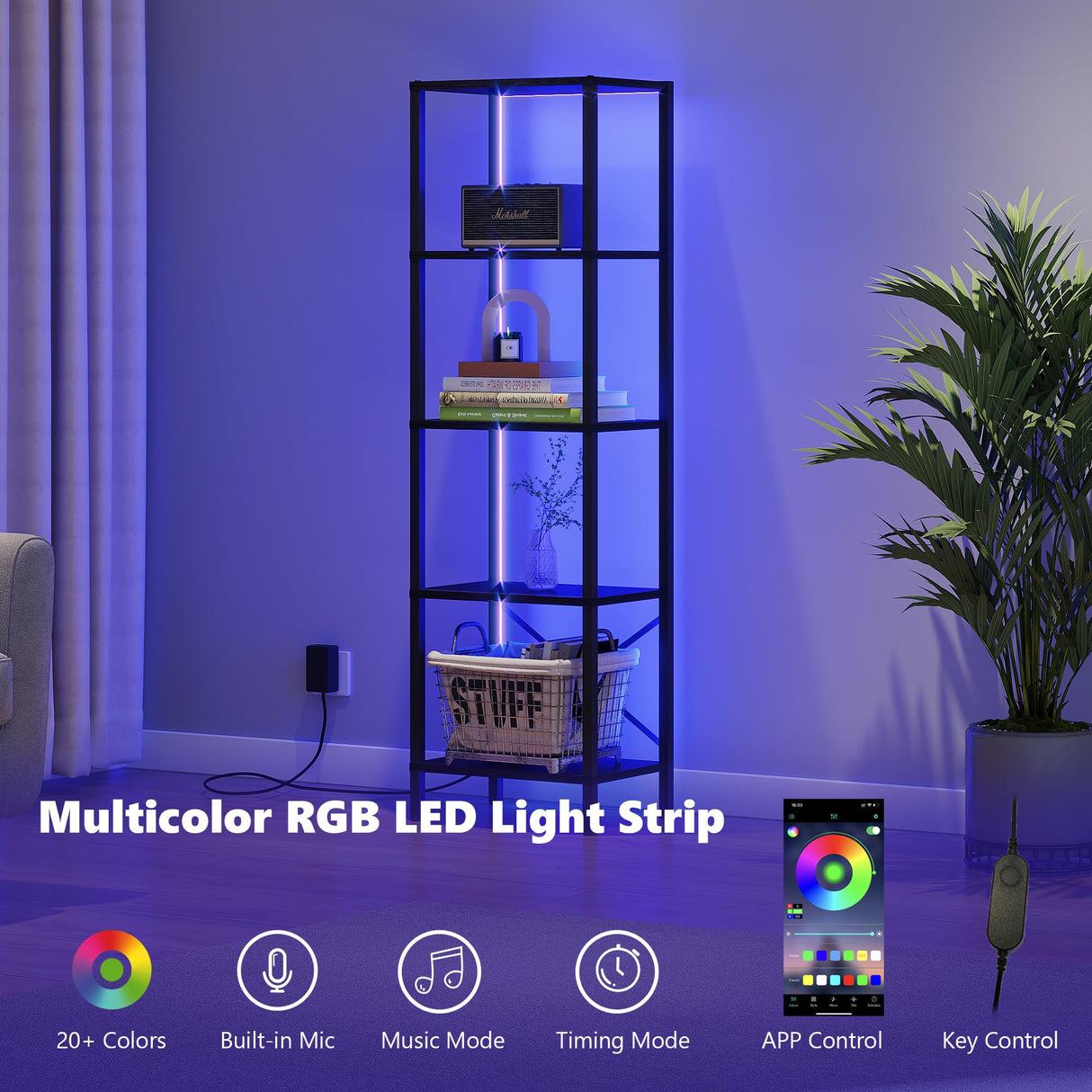 JARHETUN 5-Tier Bookshelf, Tall Narrow Bookcase with LED Lights, Book Shelf with Steel Frame, Display Storage Shelf for Living Room, Bedroom, Home Office, Study, Balcony, Black JARHETUN