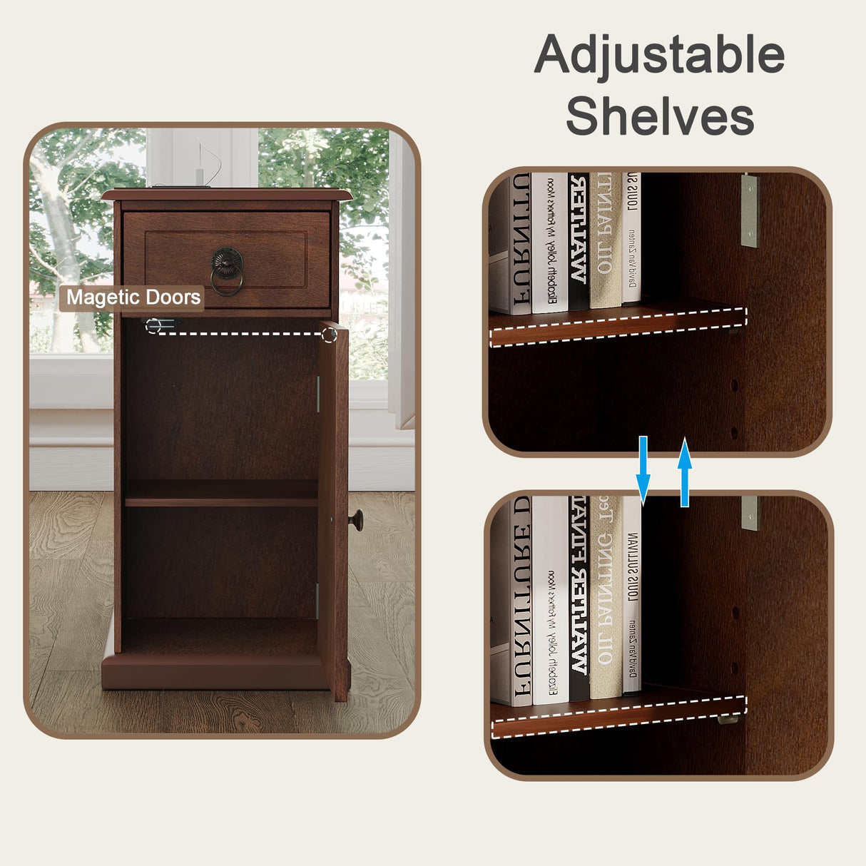 ChooChoo Farmhouse XXL End Table with Charging Station,Narrow Sofa Side Table with Adjustale Shelf, 3 Tier Rustic Night Stand for Small Place Living Room, Cherry Brown ChooChoo