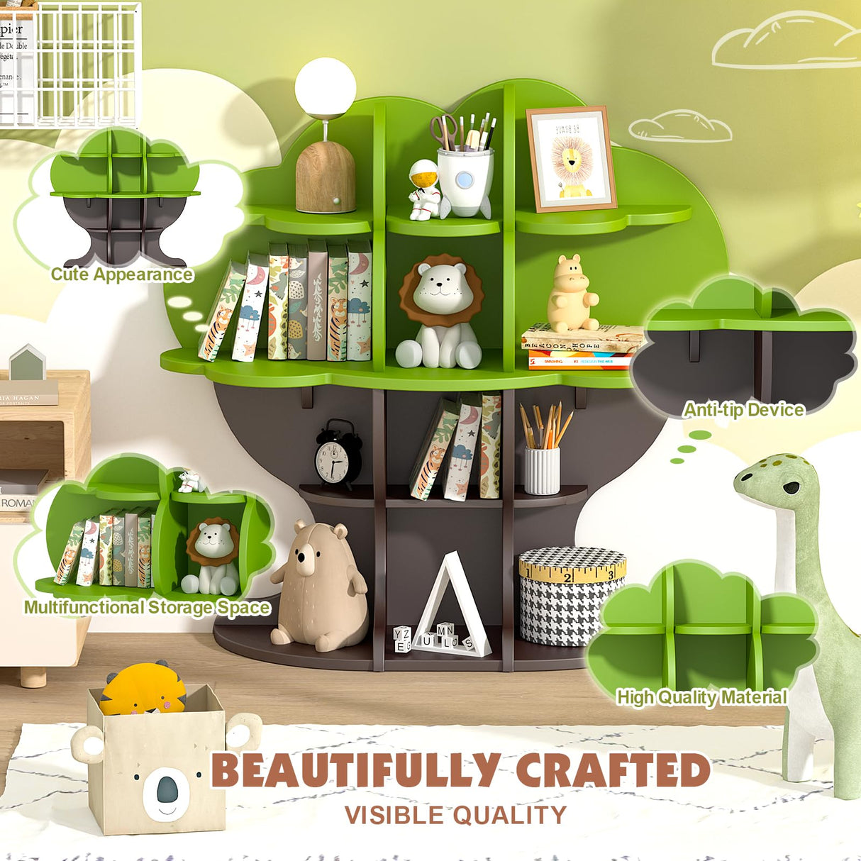 Tree Kids Bookshelf Toddler Bookcase 4-Tier Baby Book Rack Children Toy Storage Organizer Wood Display Shelf for Nursery Playroom Bedroom Classroom School Homeschooling Boy Girl’s Gift (green tree) HedoAjim