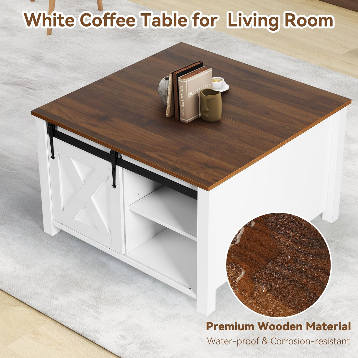 EDWINENE 31.5" Square Coffee Table, White Lift Top Coffee Table for Living Room, Morden Farmhouse Coffee Tables with Hidden Storage for Small Living Room, Bedroom EDWINENE