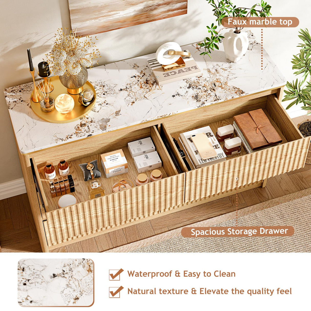 Ieejdn Fluted Dresser for Bedroom with 6 Drawers, 47.2" Modern Chest of Drawers with Faux Marble Top, Curved Profile Design,Dresser TV Stand, Wood Drawer Organizer for Living Room, Hallway, Oak1