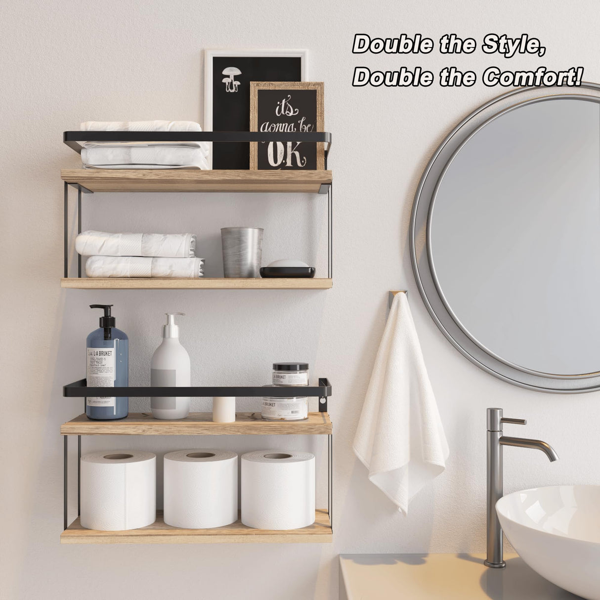 RICHER HOUSE Dual-Level Guardrail Floating Shelves, Rustic Wood Shelf Wall Mounted, Over Toilet Paper Storage Shelf for Bathroom Wall Decor, Bathroom Organizers and Kitchen Storage - Rustic Wood RICHER HOUSE