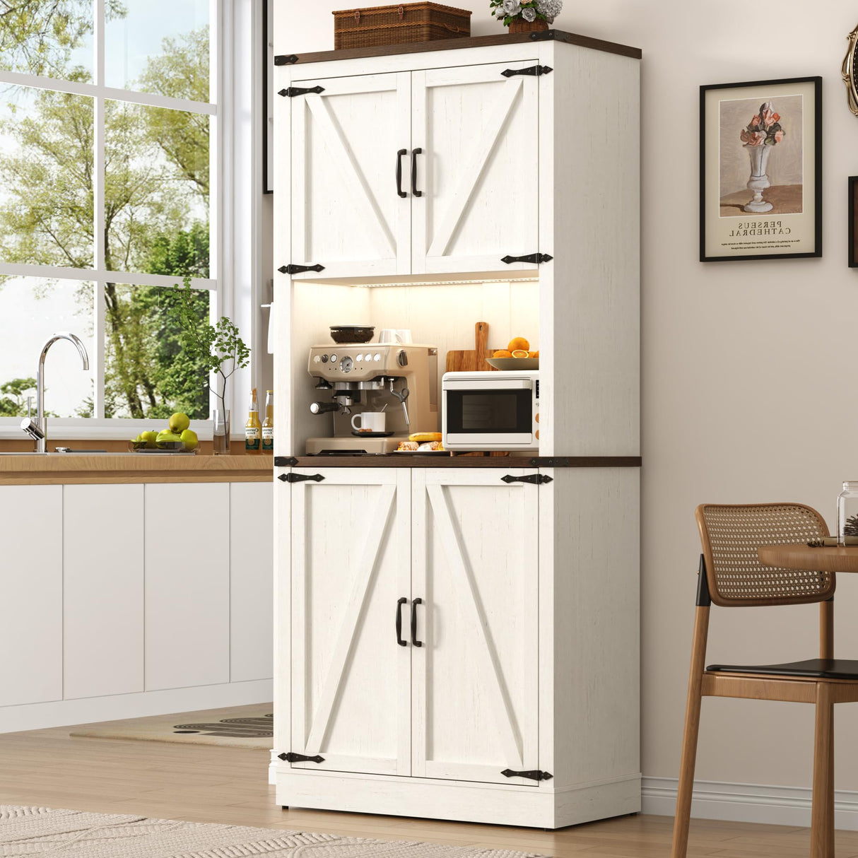 72" Tall Farmhouse Kitchen Pantry Cabinet with LED Light and Power Outlet,Modern Farmhouse Kitchen Storage Cabinet w Load-Bearing Steel Pipe,Barn Doors, Organizer,Food Pantry Cabinets(White) chartustriable