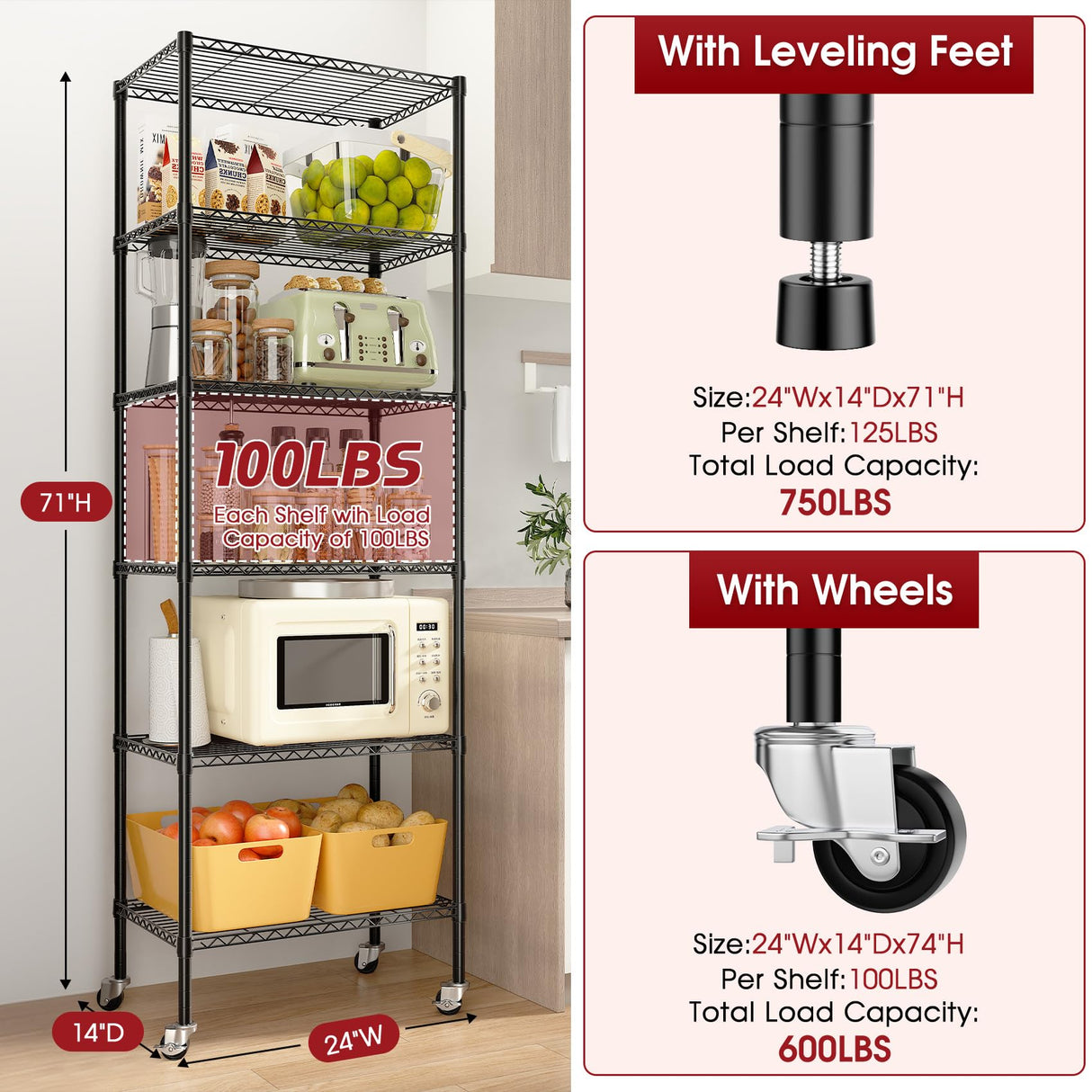 Homtura 6-Tier Rolling Storage Shelves, 14" D x 24" W x 71" H Adjustable Space-Saving Wire Rack Shelving, 750 lbs Capacity Heavy Duty Metal Shelving with Wheels for Garage, Closet, Kitchen Homtura