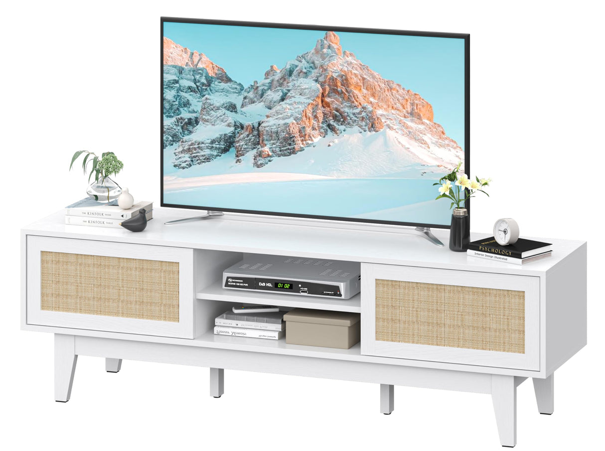 Boho TV Stand for 55 65 Inch TV, Rattan Entertainment Center with Shelves, Cabinets and Sliding Doors, TV Media Console Table with Solid Wood Feet & Cord Holes for Living Room, Bedroom, White Xixini