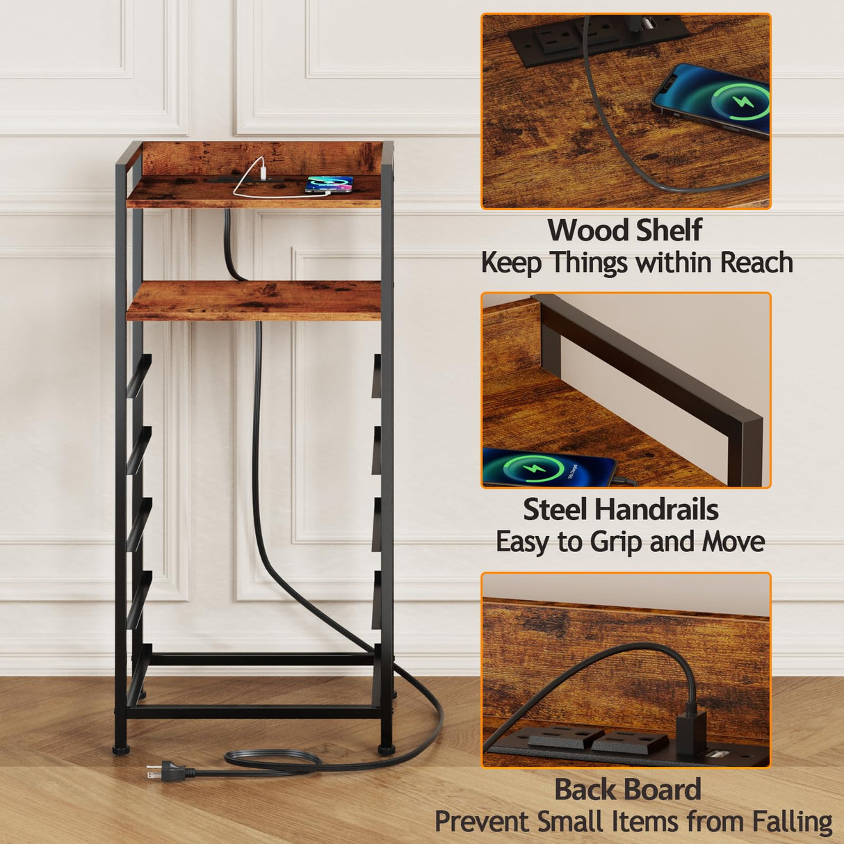 Furnulem 5 Drawer Dresser for Bedroom, Tall Nightstand with Led Light and Charging Station, Small Night Stand Bedside Table, Fabric Bins, Metal Frame, Wood Shelf, Side Furniture(Rustic Brown) Furnulem